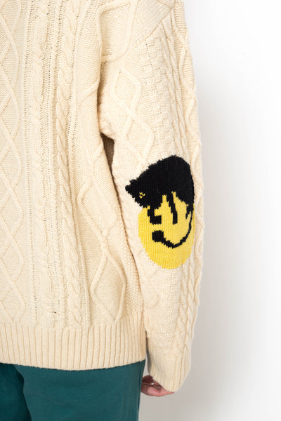 5G Wool Cable Knit Elbow-CAPITAL Cardigan - Ecru