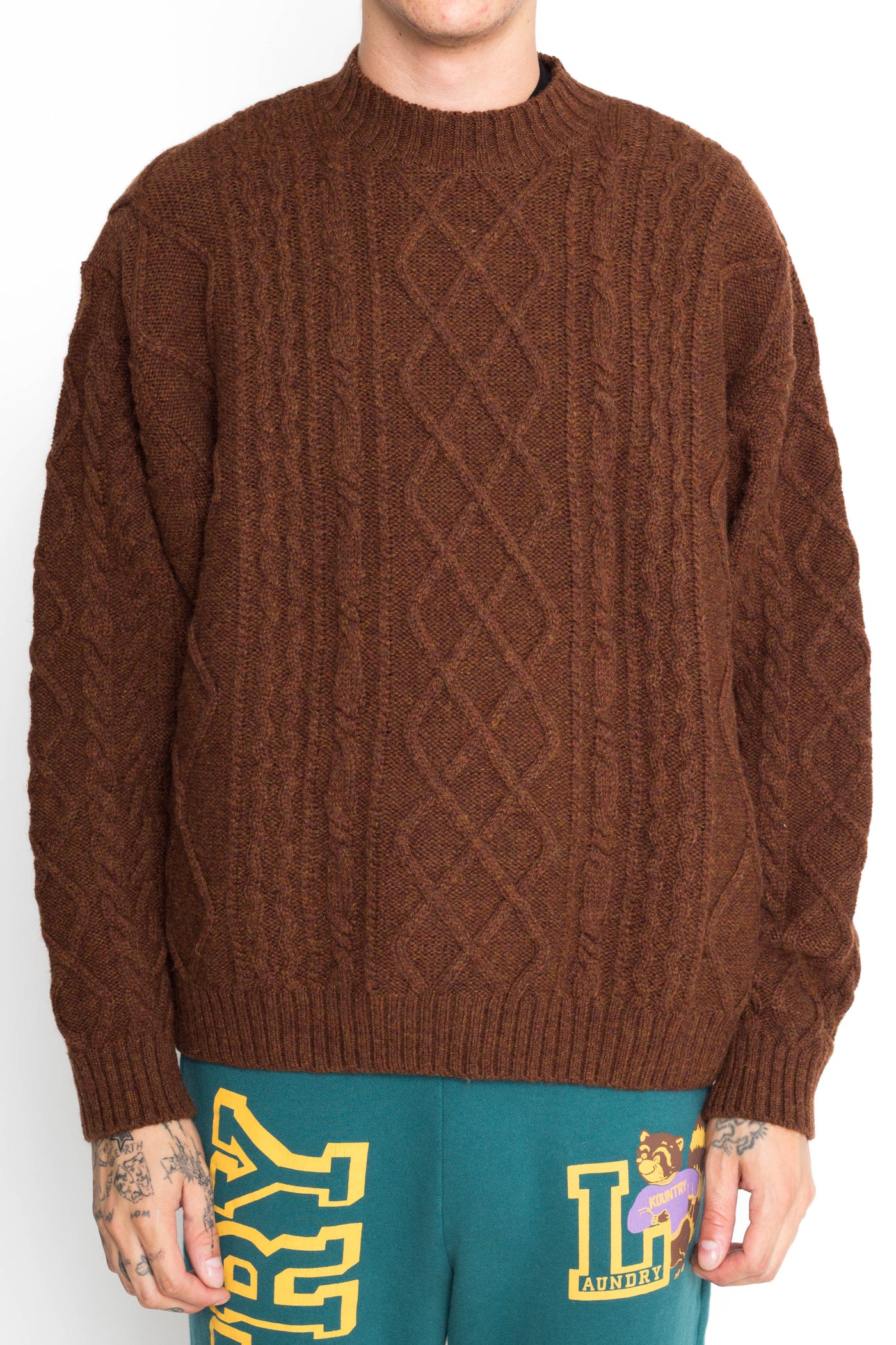 5G Wool Cable Knit Elbow-CAPITAL Crew Sweater - Brown