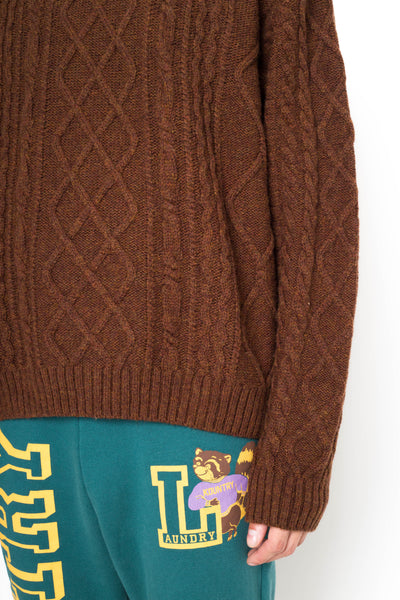 5G Wool Cable Knit Elbow-CAPITAL Crew Sweater - Brown