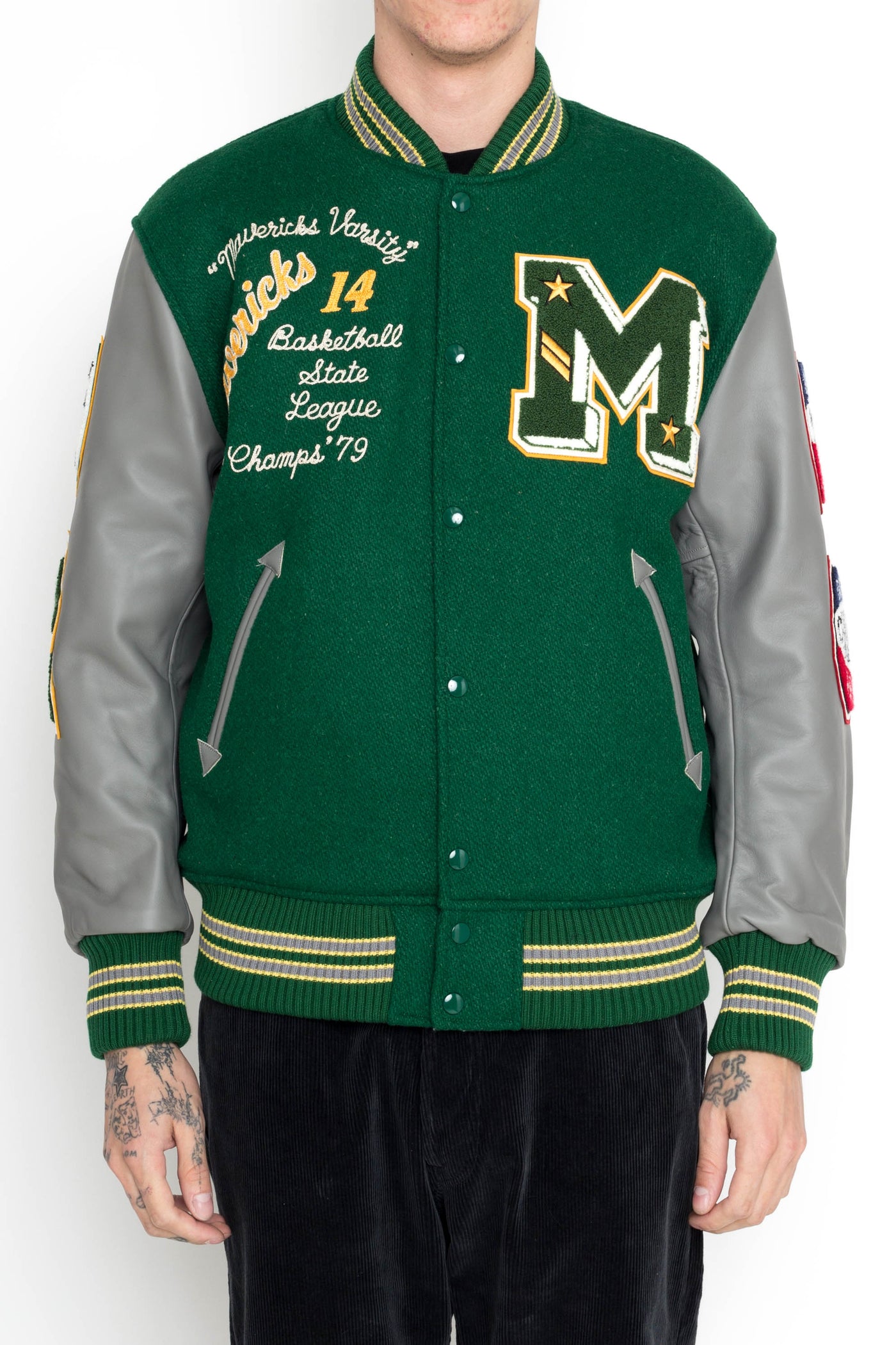 30oz. Wool Melton Award Jacket “MAVERICKS” - Green x Grey